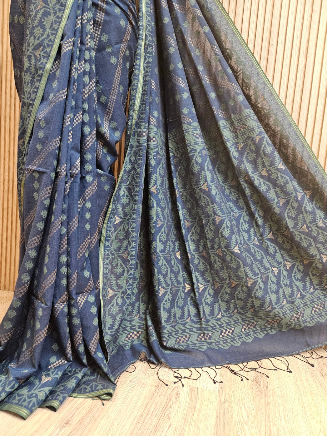 Authentic Indigo Blue Handspun Cotton Jamdani Saree | Handloom Saree by Master Artisan Balaram Saha