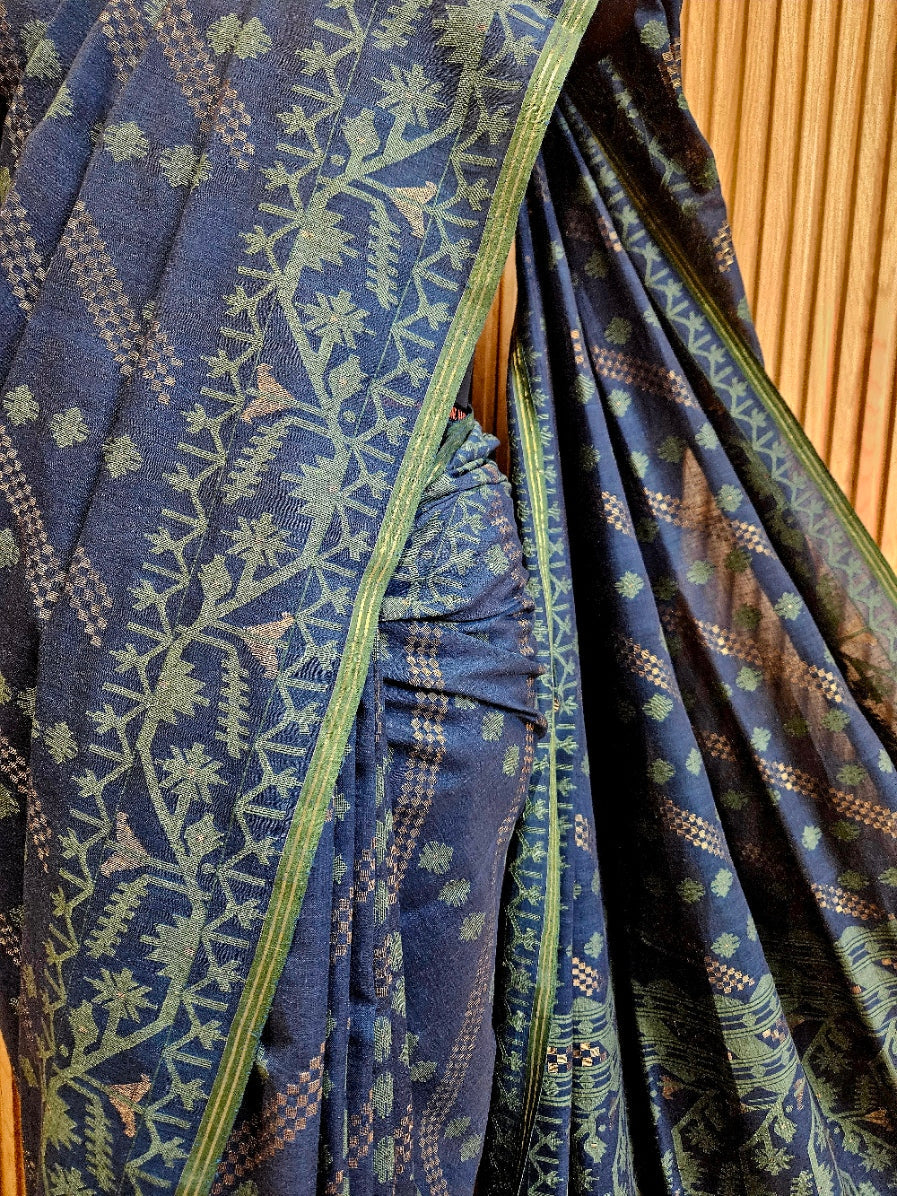 Authentic Indigo Blue Handspun Cotton Jamdani Saree | Handloom Saree by Master Artisan Balaram Saha