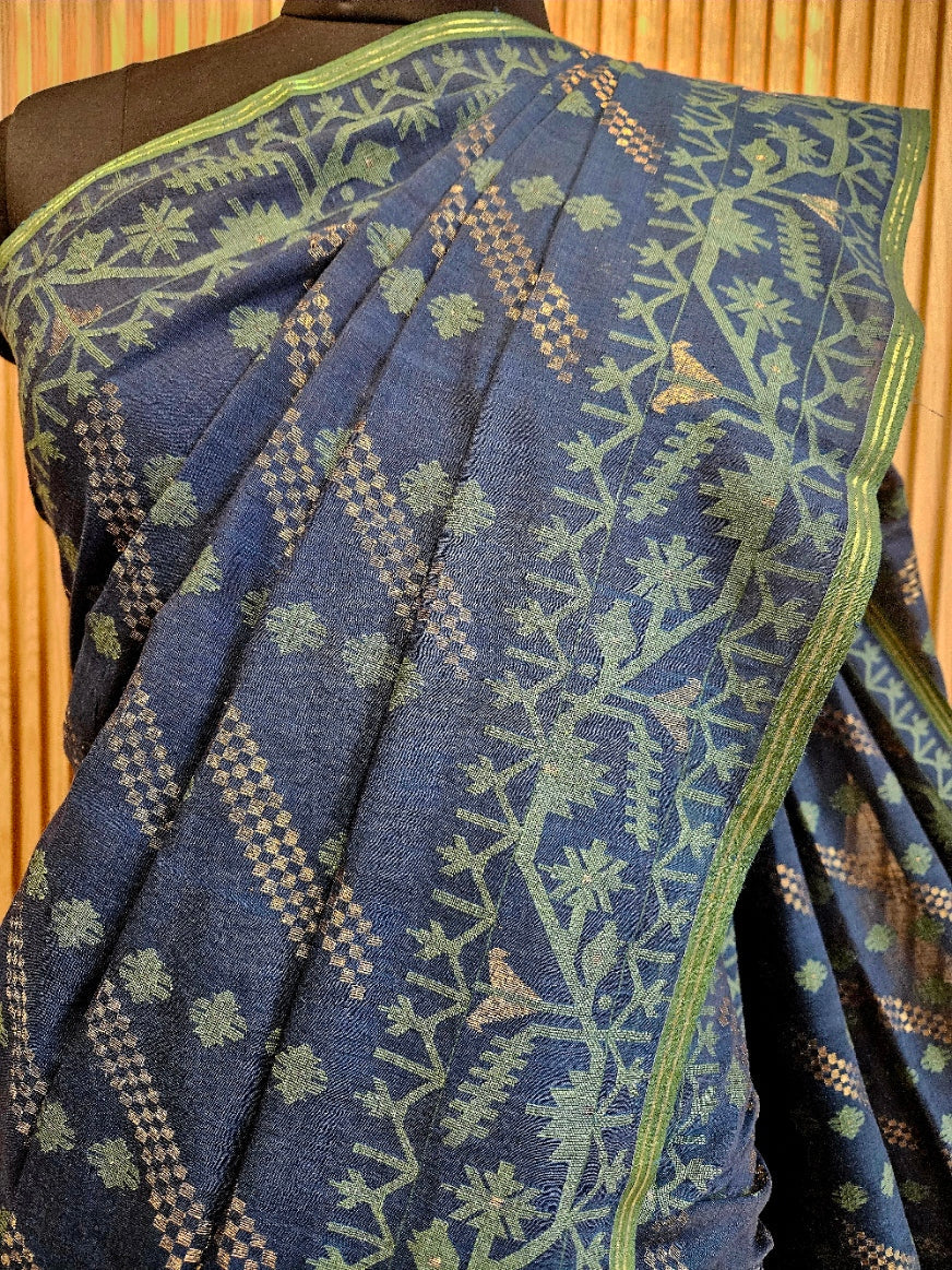Authentic Indigo Blue Handspun Cotton Jamdani Saree | Handloom Saree by Master Artisan Balaram Saha