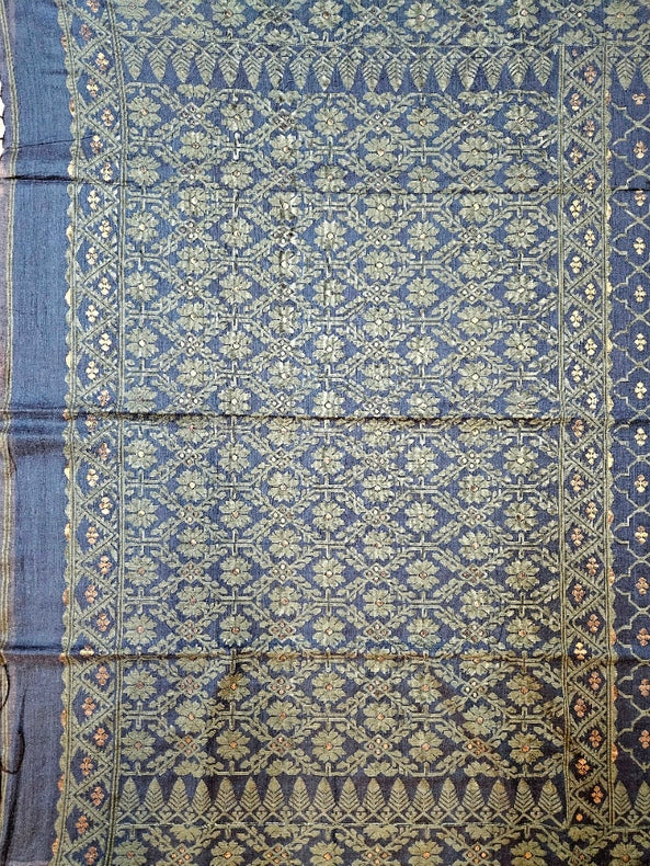Traditional Indigo Blue Handspun Cotton Jamdani Saree by Master Weaver Balaram Saha