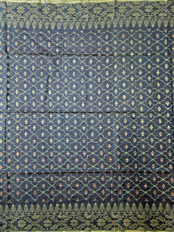 Traditional Indigo Blue Handspun Cotton Jamdani Saree by Master Weaver Balaram Saha