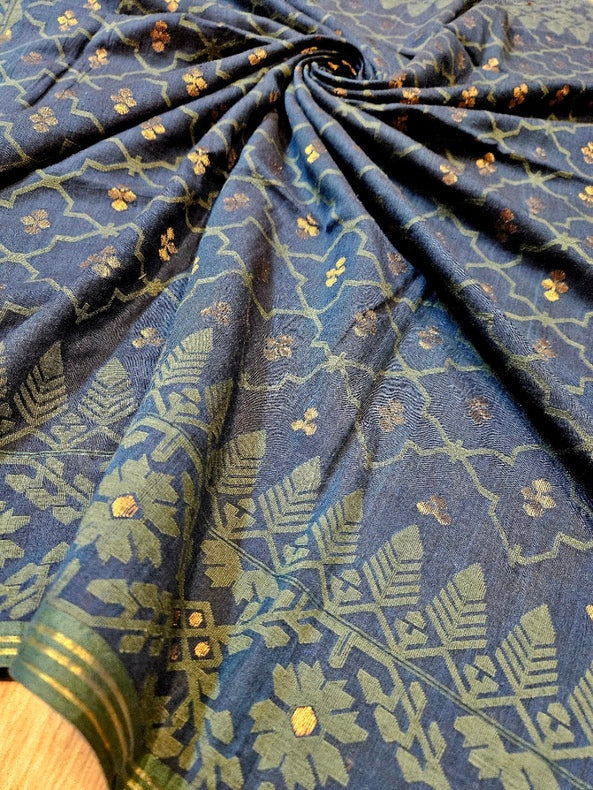 Traditional Indigo Blue Handspun Cotton Jamdani Saree by Master Weaver Balaram Saha