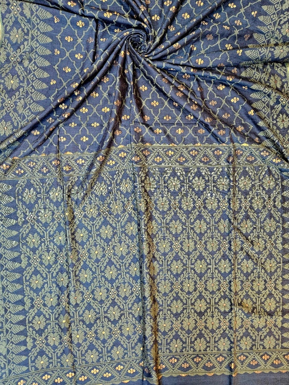 Traditional Indigo Blue Handspun Cotton Jamdani Saree by Master Weaver Balaram Saha