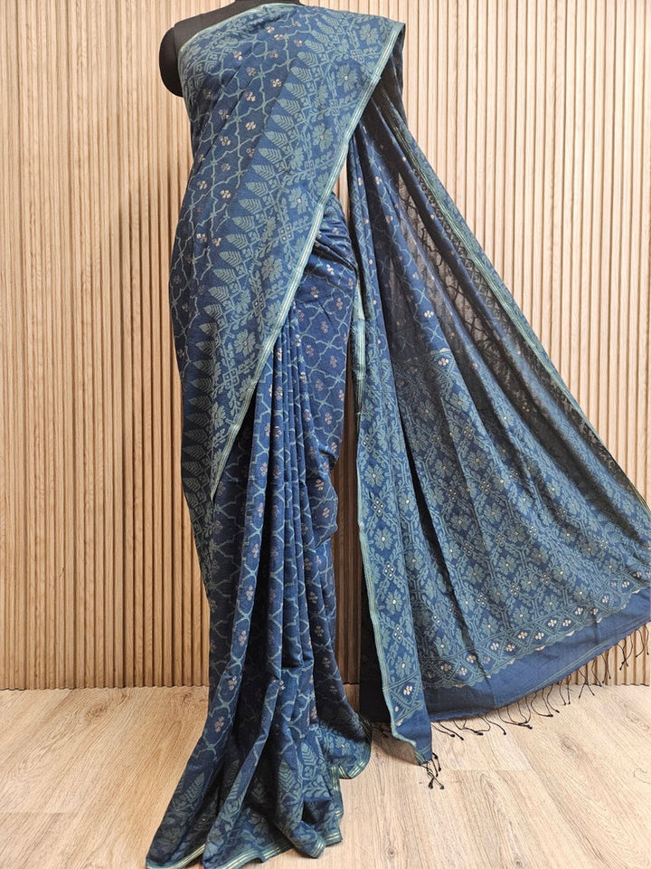Traditional Indigo Blue Handspun Cotton Jamdani Saree by Master Weaver Balaram Saha