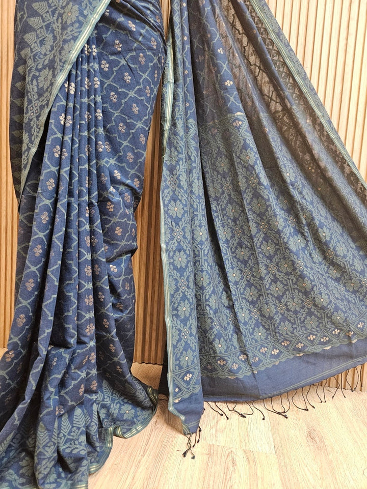 Traditional Indigo Blue Handspun Cotton Jamdani Saree by Master Weaver Balaram Saha