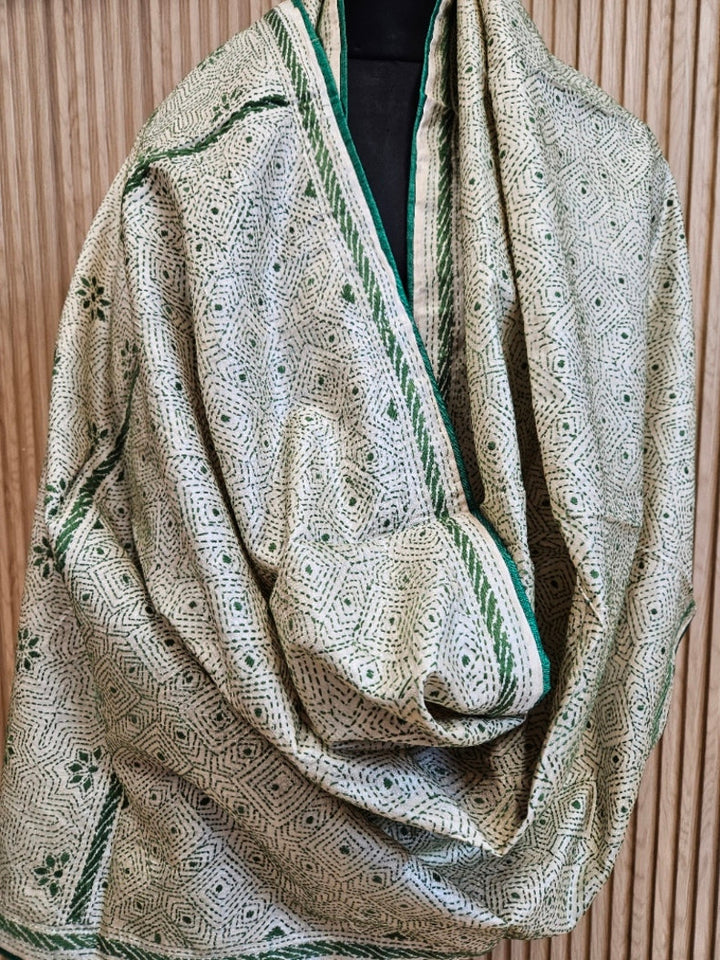 Natural Beige & Green Premium Tussar Silk HandStitch Kantha Dupatta with Attached Green Pompoms Balaram Saha