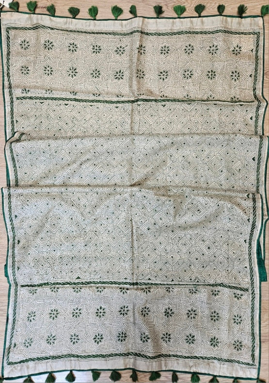 Natural Beige & Green Premium Tussar Silk HandStitch Kantha Dupatta with Attached Green Pompoms Balaram Saha