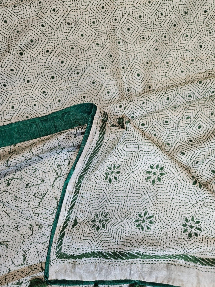 Natural Beige & Green Premium Tussar Silk HandStitch Kantha Dupatta with Attached Green Pompoms Balaram Saha