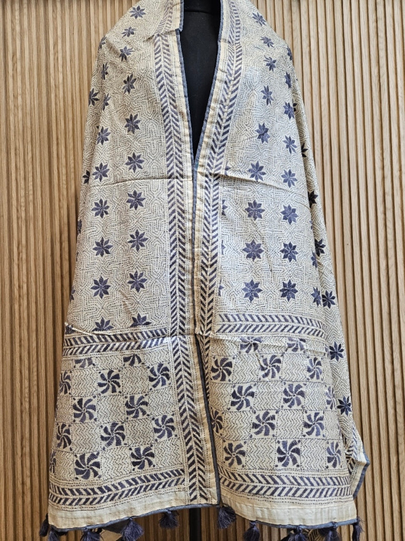 Cream & Grey Premium Tussar Silk Hand Kantha Stitch Dupatta with Attached Black Pompoms Balaram Saha