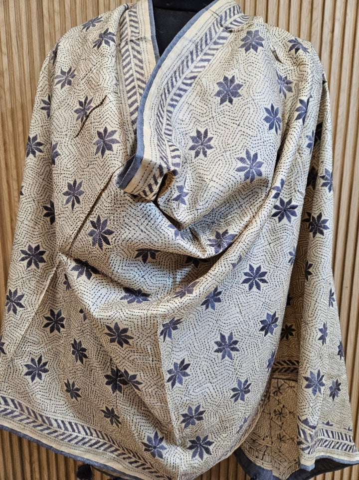 Cream & Grey Premium Tussar Silk Hand Kantha Stitch Dupatta with Attached Black Pompoms Balaram Saha