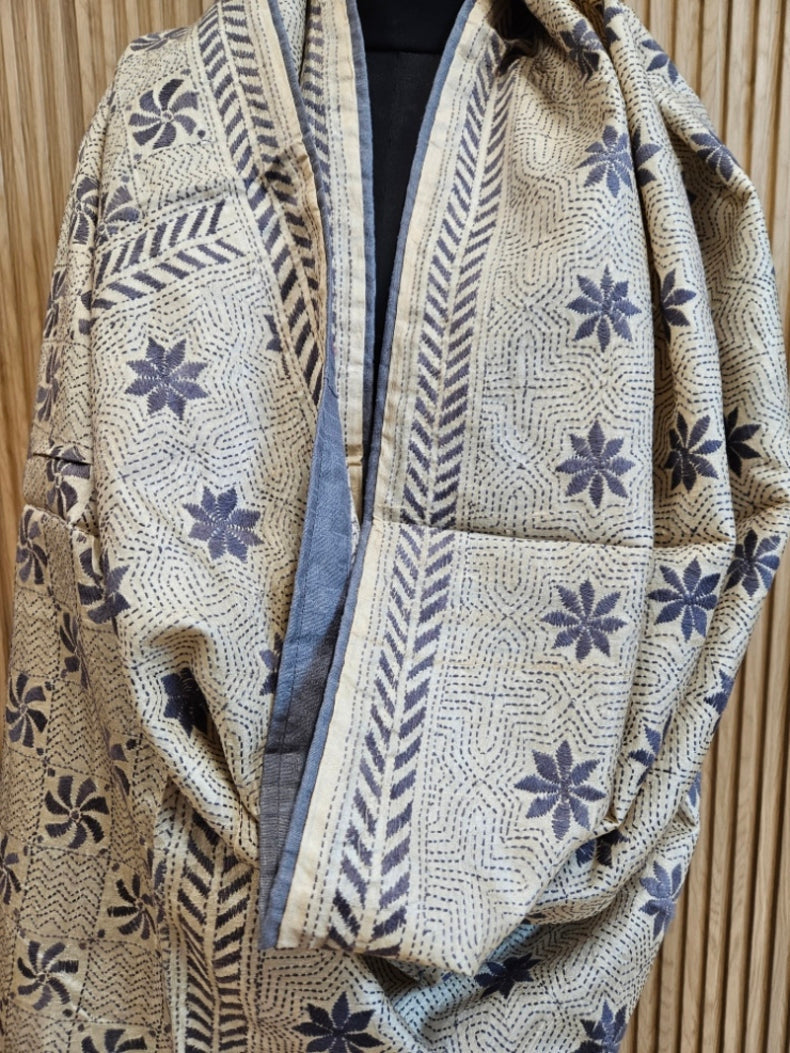 Cream & Grey Premium Tussar Silk Hand Kantha Stitch Dupatta with Attached Black Pompoms Balaram Saha