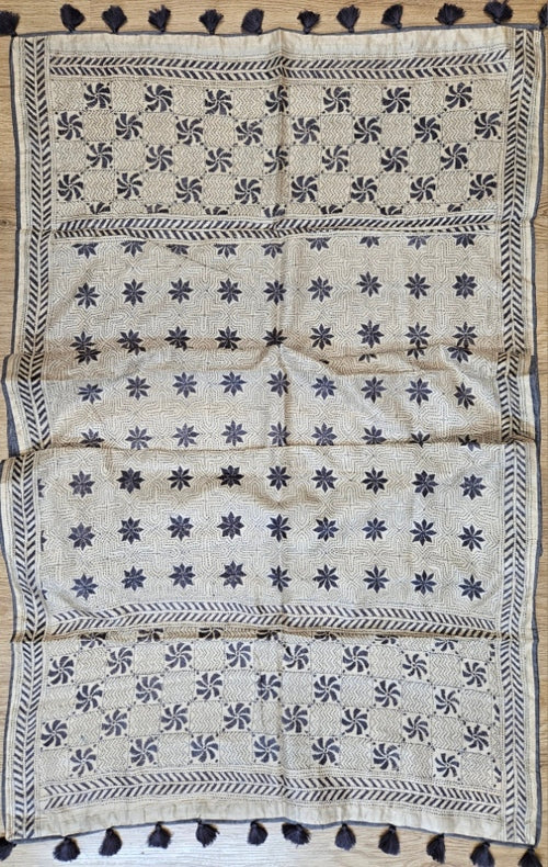 Cream & Grey Premium Tussar Silk Hand Kantha Stitch Dupatta with Attached Black Pompoms Balaram Saha