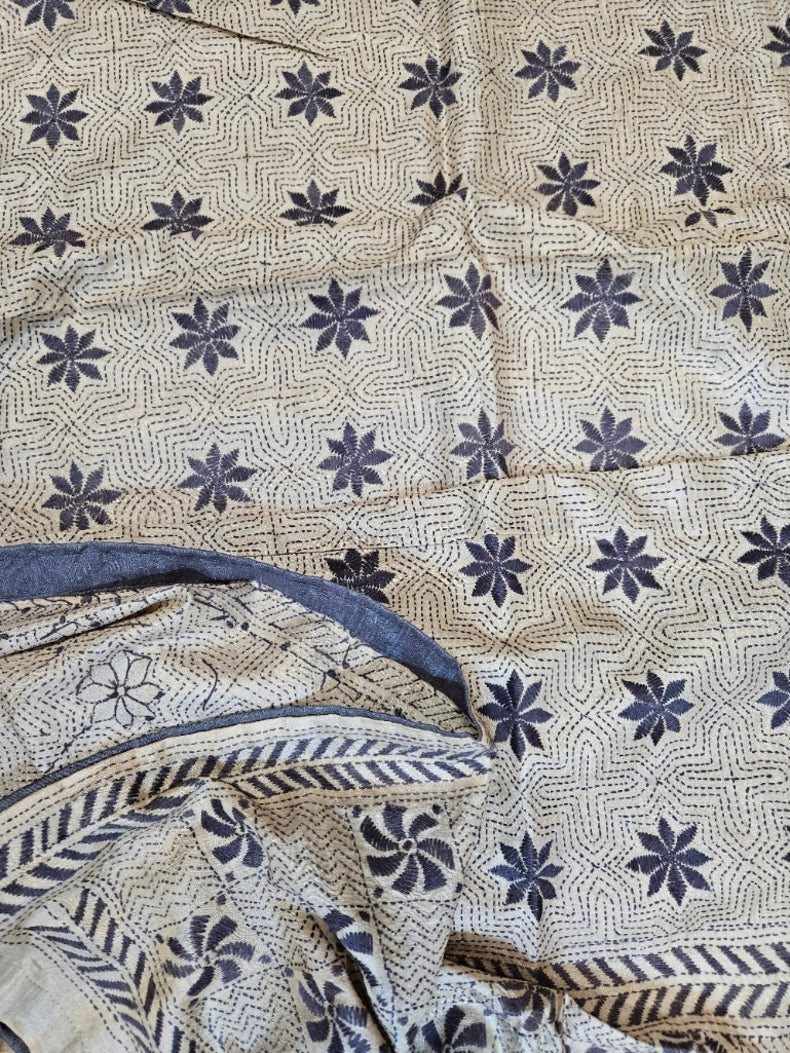 Cream & Grey Premium Tussar Silk Hand Kantha Stitch Dupatta with Attached Black Pompoms Balaram Saha