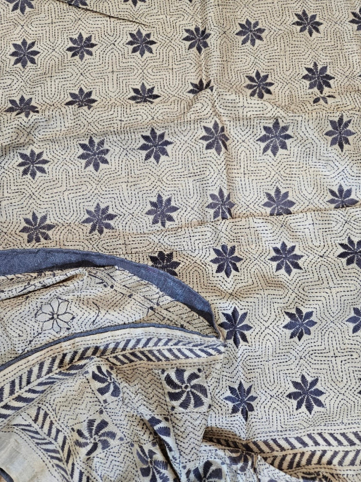 Cream & Grey Premium Tussar Silk Hand Kantha Stitch Dupatta with Attached Black Pompoms Balaram Saha