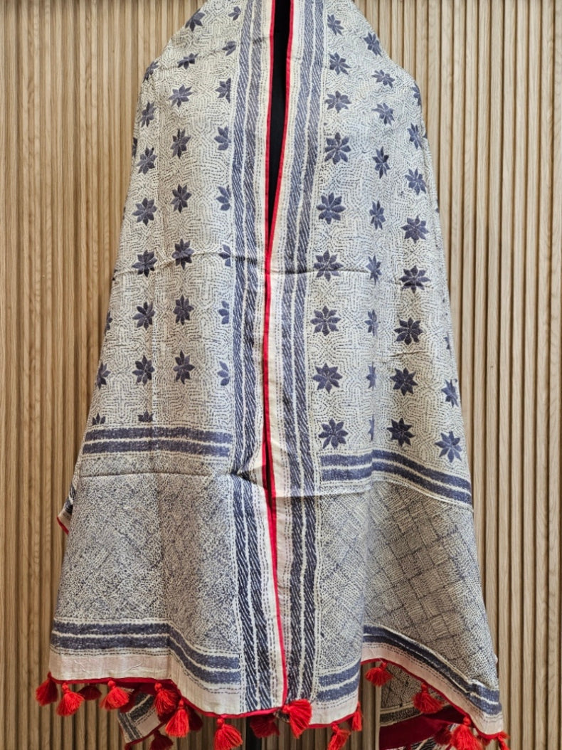 Beige & Grey Premium Tussar Silk Hand Kantha Stitch Dupatta with Red Piping & Attached Red Pompoms Balaram Saha