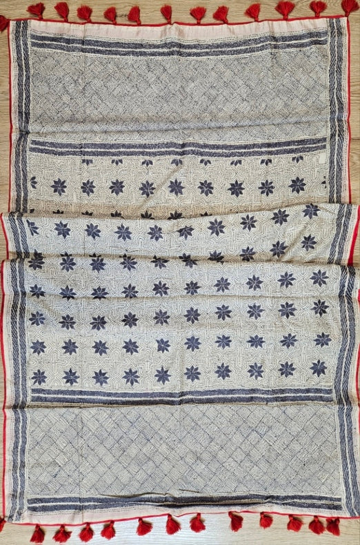 Beige & Grey Premium Tussar Silk Hand Kantha Stitch Dupatta with Red Piping & Attached Red Pompoms Balaram Saha