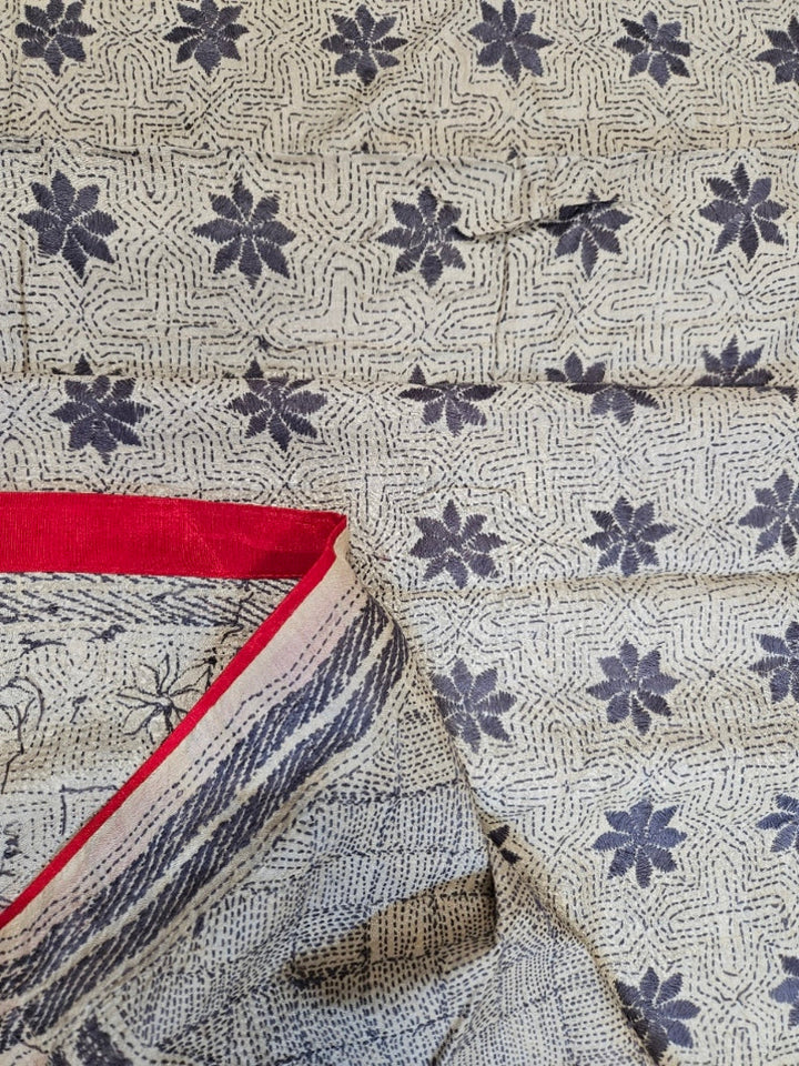 Beige & Grey Premium Tussar Silk Hand Kantha Stitch Dupatta with Red Piping & Attached Red Pompoms Balaram Saha