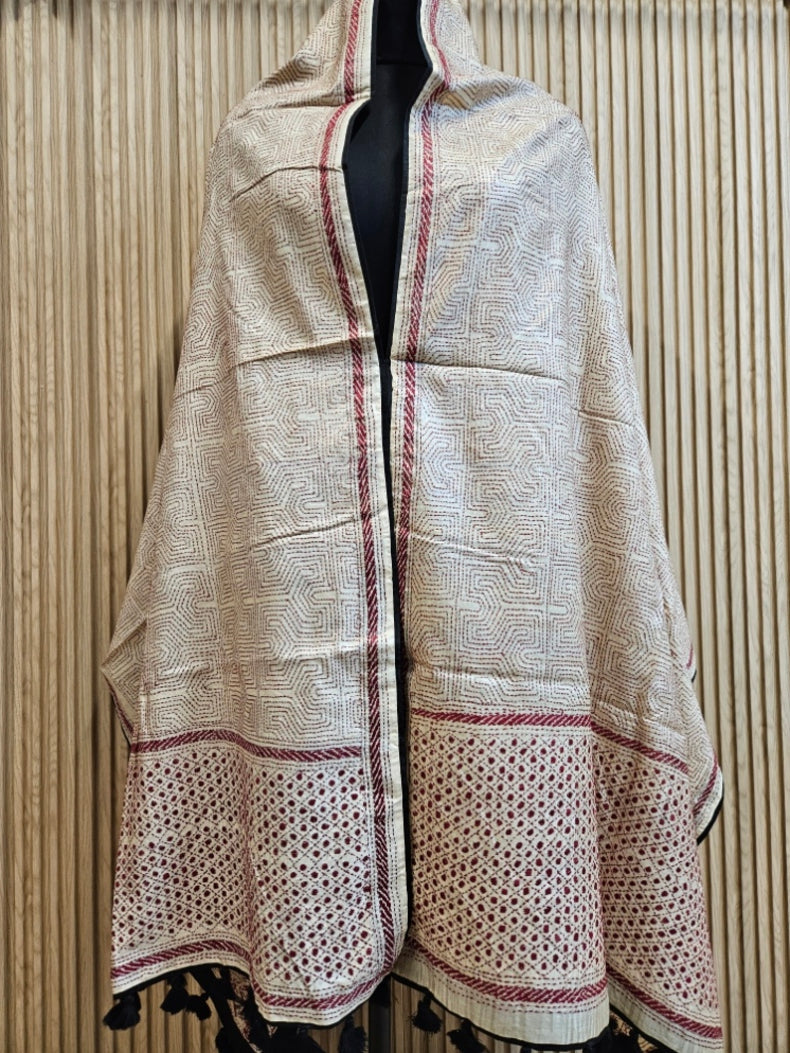 Natural Beige & Mroon Premium Tussar Silk Hand Kantha Stitch Dupatta with Black Pompoms Balaram Saha