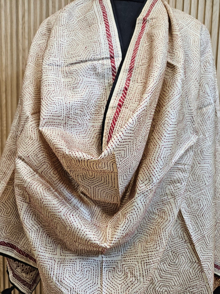 Natural Beige & Mroon Premium Tussar Silk Hand Kantha Stitch Dupatta with Black Pompoms Balaram Saha