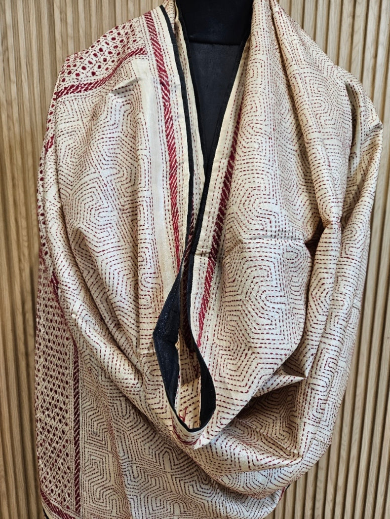 Natural Beige & Mroon Premium Tussar Silk Hand Kantha Stitch Dupatta with Black Pompoms Balaram Saha