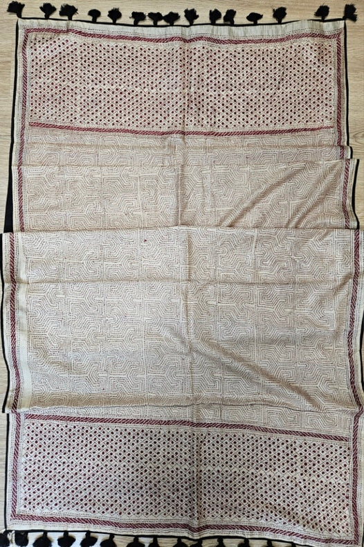 Natural Beige & Mroon Premium Tussar Silk Hand Kantha Stitch Dupatta with Black Pompoms Balaram Saha