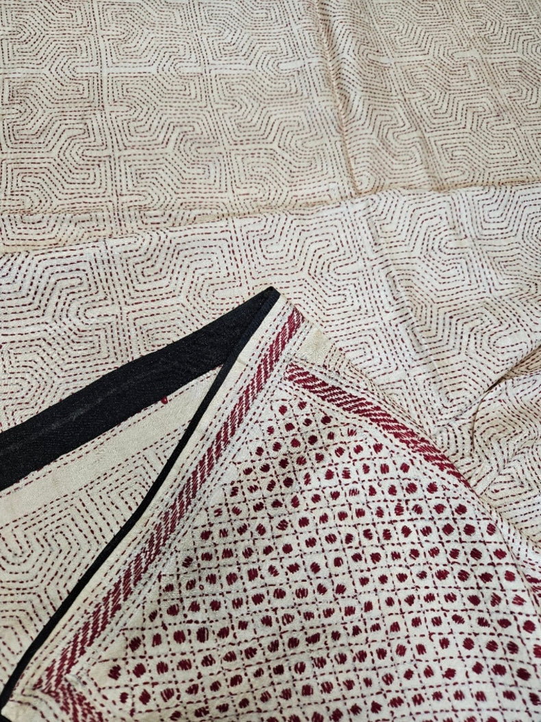 Natural Beige & Mroon Premium Tussar Silk Hand Kantha Stitch Dupatta with Black Pompoms Balaram Saha