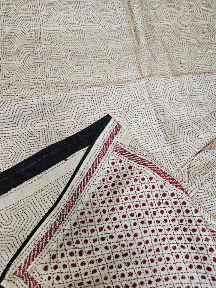 Natural Beige & Mroon Premium Tussar Silk Hand Kantha Stitch Dupatta with Black Pompoms Balaram Saha