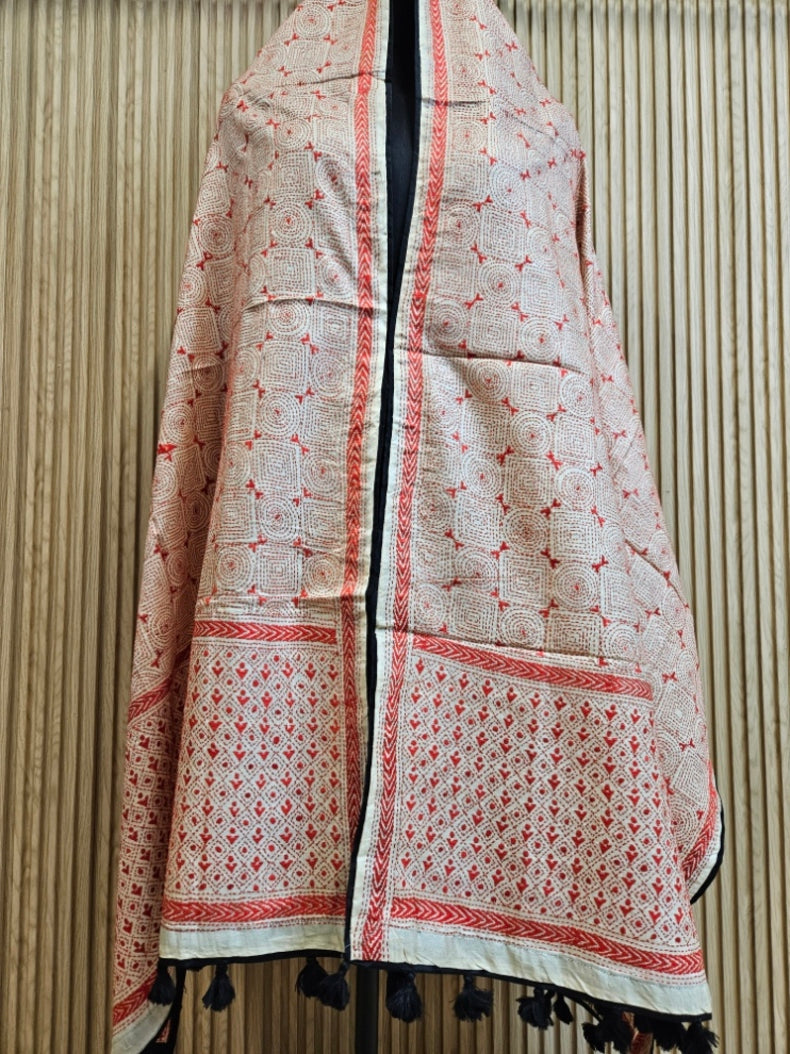 Cream & Red Premium Tussar Silk Hand Stitch Kantha Dupatta with Black Pompoms Balaram Saha