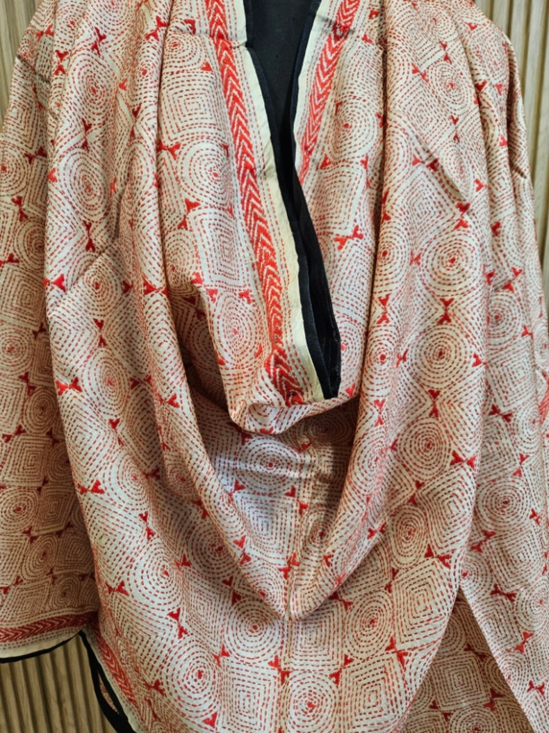 Cream & Red Premium Tussar Silk Hand Stitch Kantha Dupatta with Black Pompoms Balaram Saha