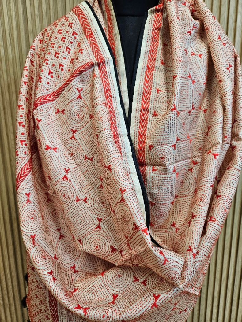 Cream & Red Premium Tussar Silk Hand Stitch Kantha Dupatta with Black Pompoms Balaram Saha