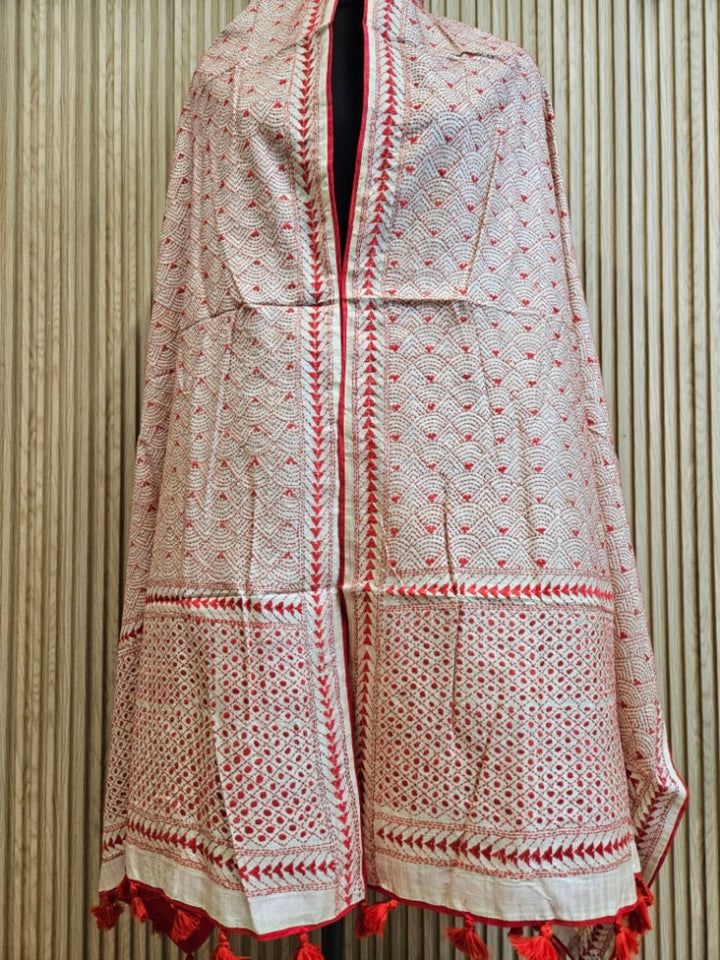Off-White & Red Premium Tussar Silk HandStitch Kantha Dupatta with Attached Red Pompoms Balaram Saha