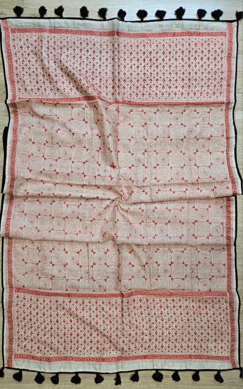 Cream & Red Premium Tussar Silk Hand Stitch Kantha Dupatta with Black Pompoms Balaram Saha