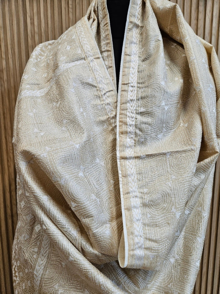 Beige & White Premium Tussar Silk Hand Kantha Stitch Dupatta with White Pompoms Balaram Saha