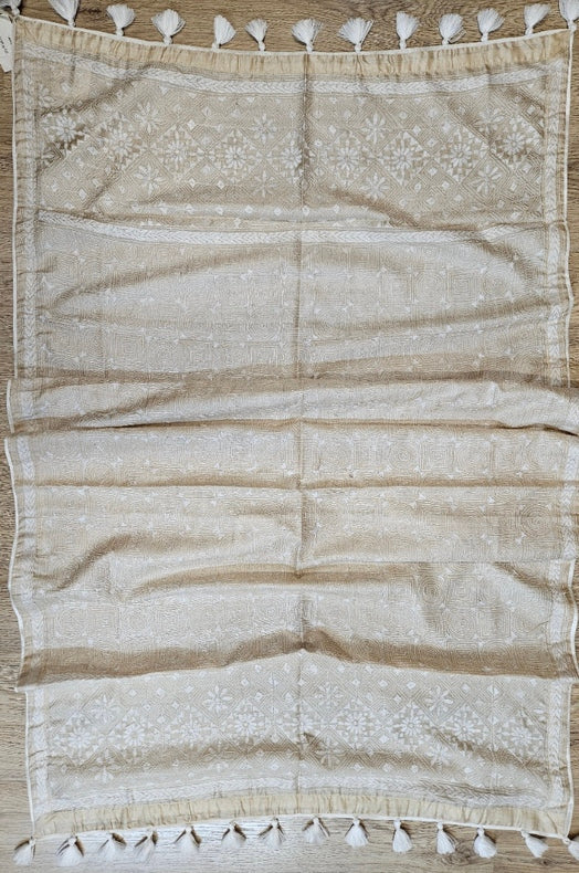 Beige & White Premium Tussar Silk Hand Kantha Stitch Dupatta with White Pompoms Balaram Saha