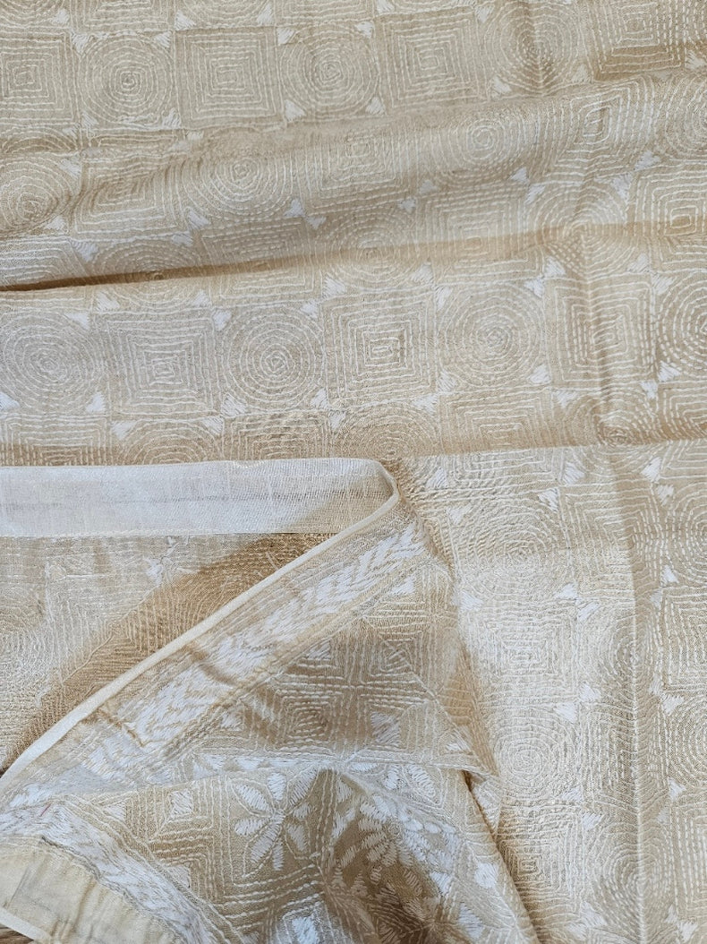 Beige & White Premium Tussar Silk Hand Kantha Stitch Dupatta with White Pompoms Balaram Saha