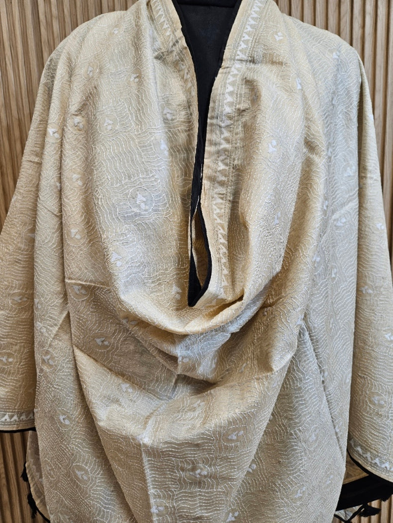 Beige & White Premium Tussar Silk Hand Kantha Stitch Dupatta with Black Pompoms Balaram Saha