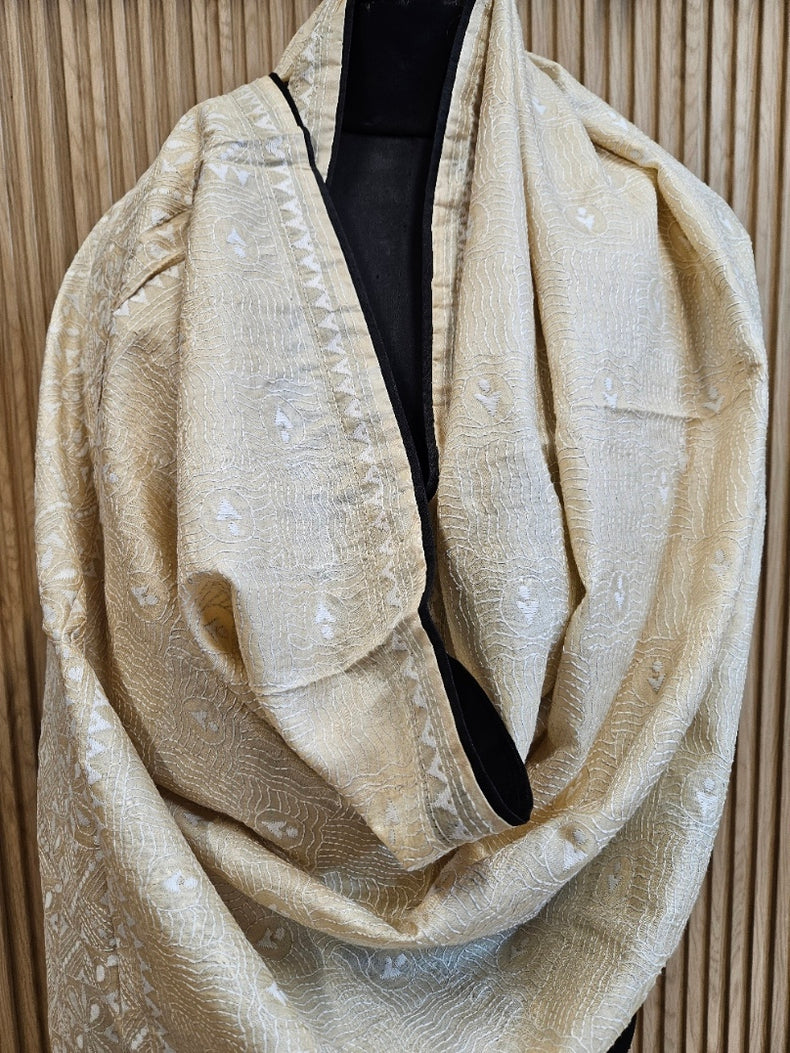 Beige & White Premium Tussar Silk Hand Kantha Stitch Dupatta with Black Pompoms Balaram Saha