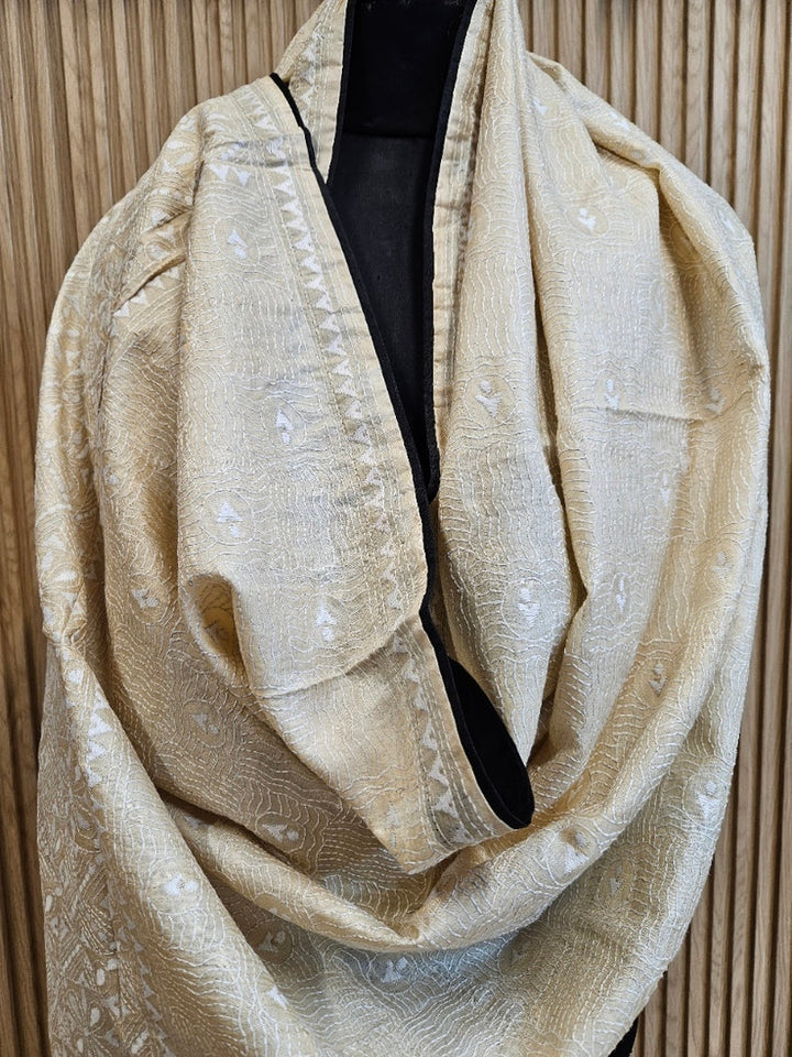 Beige & White Premium Tussar Silk Hand Kantha Stitch Dupatta with Black Pompoms Balaram Saha