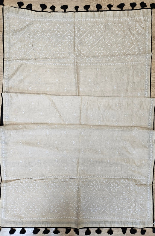 Beige & White Premium Tussar Silk Hand Kantha Stitch Dupatta with Black Pompoms Balaram Saha