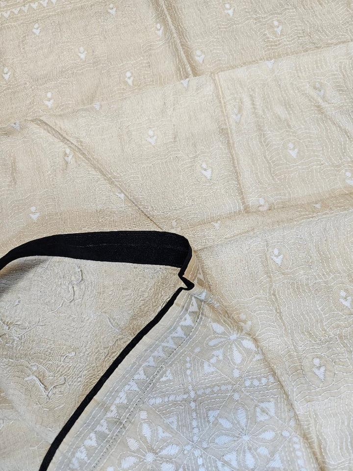 Beige & White Premium Tussar Silk Hand Kantha Stitch Dupatta with Black Pompoms Balaram Saha
