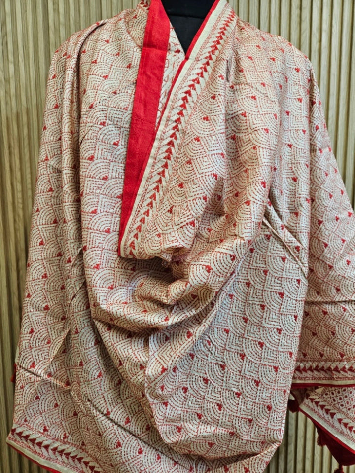 Off-White & Red Premium Tussar Silk HandStitch Kantha Dupatta with Attached Red Pompoms Balaram Saha