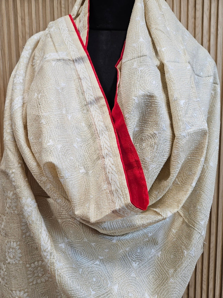 Cream & Red  Tussar Silk HandStitch Kantha Dupatta with  Red Piping & Red Pompom Tassels Balaram Saha