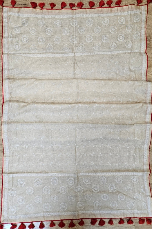 Cream & Red  Tussar Silk HandStitch Kantha Dupatta with  Red Piping & Red Pompom Tassels Balaram Saha