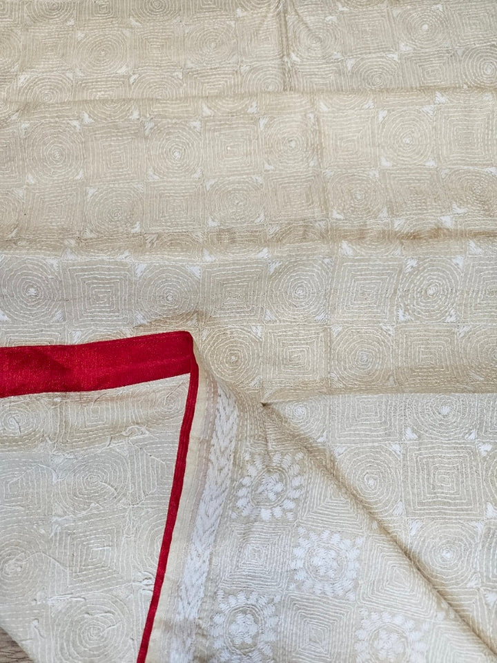 Cream & Red  Tussar Silk HandStitch Kantha Dupatta with  Red Piping & Red Pompom Tassels Balaram Saha