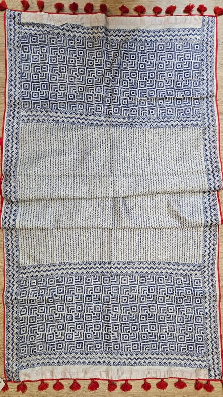 Off-White & Blue Tussar Silk Kantha Stitch Dupatta with  Red Piping & Red Pompom Tassels Balaram Saha