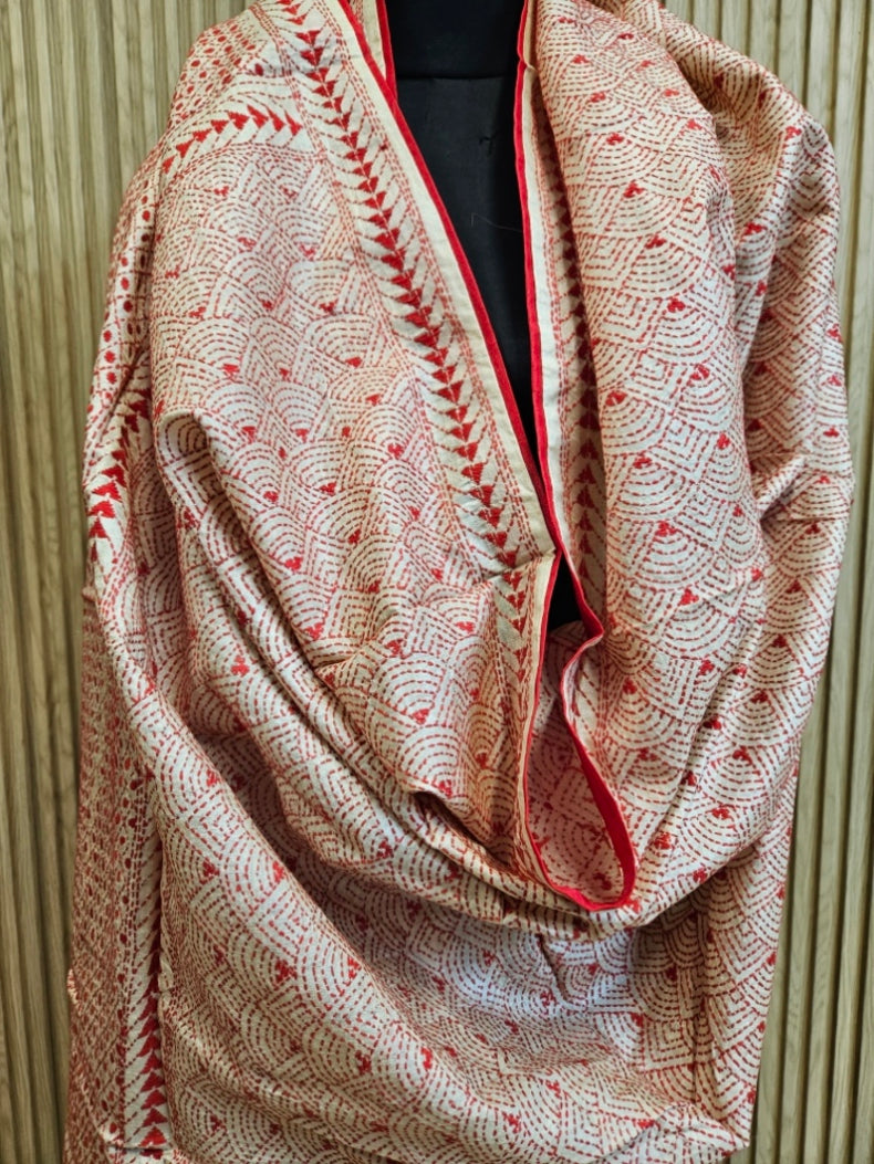 Off-White & Red Premium Tussar Silk HandStitch Kantha Dupatta with Attached Red Pompoms Balaram Saha