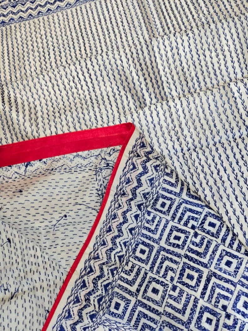 Off-White & Blue Tussar Silk Kantha Stitch Dupatta with  Red Piping & Red Pompom Tassels Balaram Saha