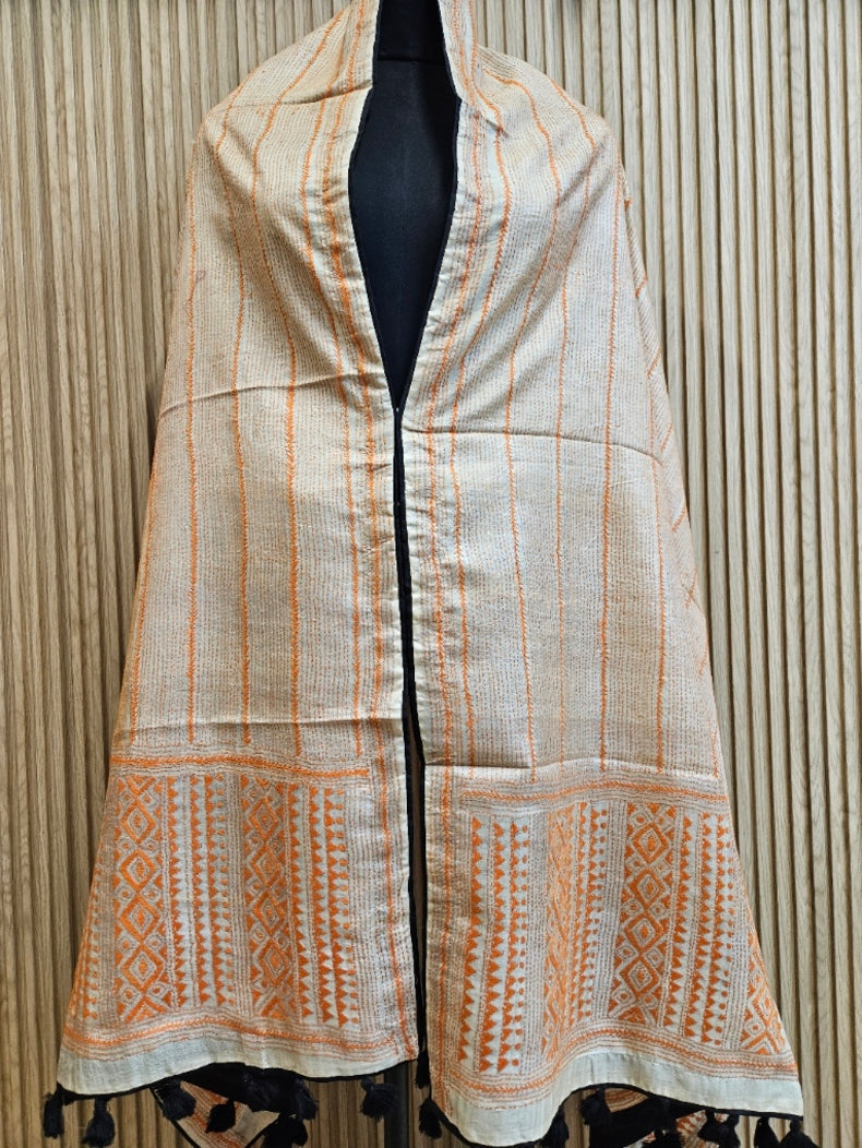 Off-White &amp; Orange Tussar Silk Kantha Stitch Dupatta with&nbsp; Black Piping &amp; Black Pompom&nbsp; Balaram Saha
