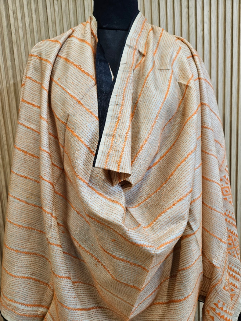 Off-White &amp; Orange Tussar Silk Kantha Stitch Dupatta with&nbsp; Black Piping &amp; Black Pompom&nbsp; Balaram Saha
