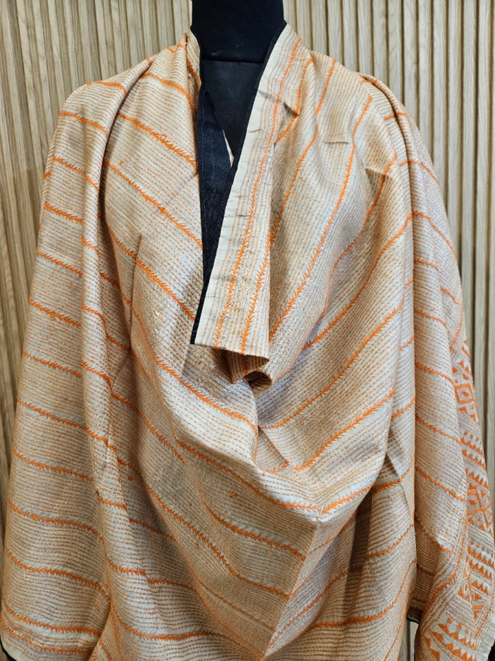 Off-White &amp; Orange Tussar Silk Kantha Stitch Dupatta with&nbsp; Black Piping &amp; Black Pompom&nbsp; Balaram Saha